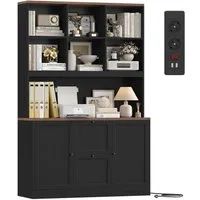 Homfa Bücherregal 182 cm Aktenschrank Mehrzweckschrank, mit Steckdose, 2 Türen und 2 Schubladen für Hängemappen A4, schwarz