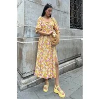 For You Moda Midikleid Natürliche Viskose Rüschenmuster Maxi Gelbes Kleid