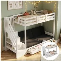Flieks Etagenbett, Kinderbett 90x200cm mit vestellbarem Sofa 2 Schubladen Stauraumtreppe
