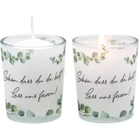 ZauberDeko Teelichthalter Windlicht Banderole Eukalyptus "Schön, dass du da bist!" SET 2 Stück