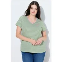 Ulla Popken T-Shirt T-Shirt Ringel V-Ausschnitt Halbarm Biobaumwolle