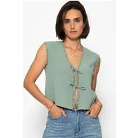 SASSYCLASSY T-Shirt Musselin Top mit Schleifen Damen Top aus Musselin mit V-Ausschnitt und Bindebändern flieder
