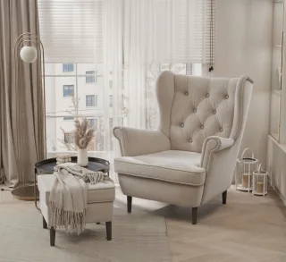 Sessel Ohrensessel NINON inkl. Hocker in Stoff Trinity Beige