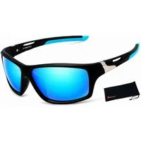 Rennec Sonnenbrille Herren Outdoor Sportbrille Gläser Polarisiert Blau Verspiegelt Wrap Around Rahmen Schwarz Matt Polarisierte Linsen Brillenbeutel