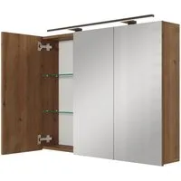 Planetmöbel Spiegelschrank Spiegelschrank ARIA (Spiegelschrank Bad 90 cm mit Beleuchtung und Steckdose, Badspiegelschrank 2-türig) gold eiche
