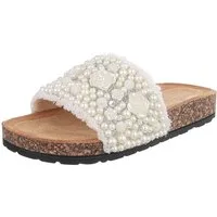 Ital-Design Feminine Damen-Sandalen mit Perlen und Blumendekor Pantolette (91512156) Flach Pantoletten in Weiß