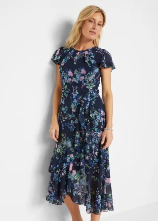 bonprix Chiffonkleid mit Flügelärmel, blau, Gr.50, festliches Sommerkleid mit modischen Volants