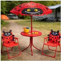 Koopman Garten-Kindersitzgruppe Sitzgruppe Strandstuhl Strandschirm Tisch Kindermöbel 4tlg, (Set, 4-tlg., Packung), Marienkäfer-Design, Faltstuhl, Rot / Schwarz, Kinder, Outdoor