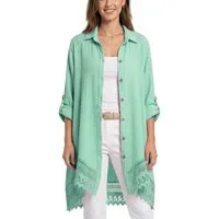 dy_mode Longbluse Damen Oversized Longbluse Musselin Tunika HemdbluseBlusenkleid in Unifarbe, dekorativem Häkel-Saum, Oversize-Passform