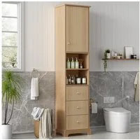 Flieks Badkommode Hochschrank mit 3 Schubladen, 4 Fächern und verstellbare Einlegeböden (Mehrzweckschrank Holzoptik in Lanhausstil mit Metallgriffen, 1 St., B40/T30/H172 cm), Badezimmerschrank feuchtigkeitsbeständiger Holzschrank aus MDF Natur