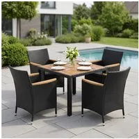STEELSØN Garten-Essgruppe Fawaris wetterfest, Polyrattan Sitzgruppe mit Akazienholz, (Schwarz, 1 Tisch & 4 Gartenstühle), Gartentisch verfügbar mit 4 oder 6 Stühlen