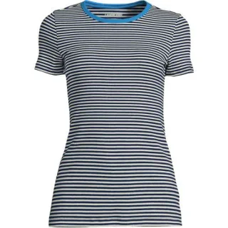 Feinripp-Shirt mit Rundhalsausschnitt und kurzen Ärmeln, Damen,  Blau, Baumwolle/Elasthan, by Lands' End