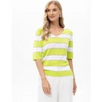 Passioni Strickpullover mit Lochmuster Sommer Strickpulli in Limettengrün und Weiß