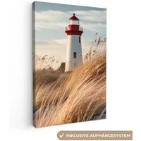 OneMillionCanvasses® Leinwandbild Leuchtturm - Gras - Dünen - Meer - Natur - Maritim, Fotodruck (1 St), Leinwand Canvas Wandbild, Wanddekoration 20x30 cm