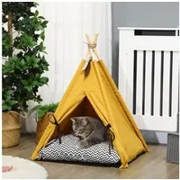 PawHut Tierbett Tipi Zelt, Katzenzelt mit abnehmbar und waschbar Kissen, Spielball, Oxfordstoff, für Katzen unter 5kg, Mini Hunde, 60 x 60 x 76 cm, Gelb