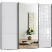 luma-home Schwebetürenschrank 22033 (3-türiger Kleiderschrank B250/H216/T65 cm mit Vollausstattung als optimale Stauraumlösung) Weiß mit Glasfront, Spiegeltür und schwarzen Griffleisten     