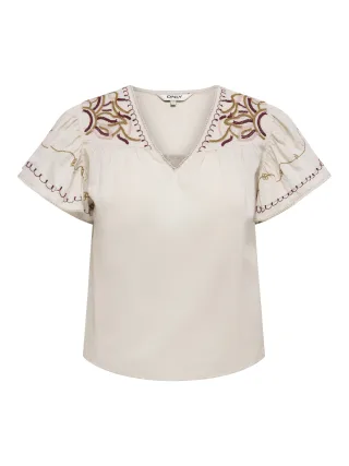 ONLY - ONLIRINY S/S FRILL EMB V TOP WVN Pumice Stone - Gr. - M