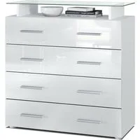 Vladon Kommode Pavos V2 (Kommode, mit 4 Schubladen und Glasablage), Weiß matt/Weiß Hochglanz (76 x 81 x 35 cm)