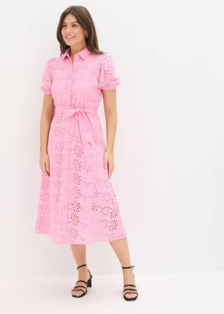 bonprix Lochstickerei-Blusenkleid aus reiner Baumwolle, rosa, Gr.38, feminines Lochstickerei-Blusenkleid aus reiner Baumwolle mit Bindeband in der Taille und Puffärmeln, aus 100% Baumwolle