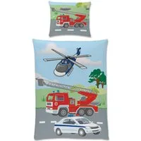 Familando Kinderbettwäsche Polizei & Feuerwehr, 135x200 80x80 cm, 100% Baumwolle, Reißverschluss, Renforcé, 2 teilig, mit Wendeseite und 2. Motiv auf Kopfkissen