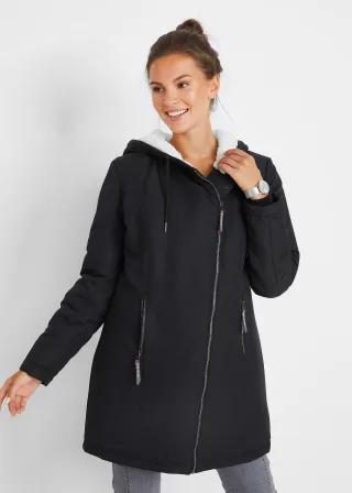 bonprix Übergangsjacke, schwarz, Gr.52, Jacke mit Teddyfell und Kapuze, gefüttert
