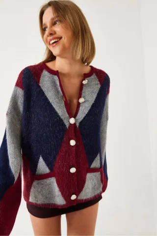 Knopfgeknöpfter geometrischer Muster-Cardigan