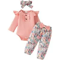 Gluckids Langarmshirt & Hose Baby Mädchen Blumen Strampler+Hose Outfits Rüschen Basic Freizeitanzug (3-tlg) Frühling & Sommer Babykleidung Langarm Overall Set mit Stirnband