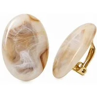 unbespielt Paar Ohrclips Ohrringe oval beige braun marmoriert glänzend Kunststoff 27 x 19 mm, Modeschmuck für Damen