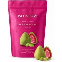 PATISLOVE Schokolade Erdbeer-Dragees mit Pistazie, weißer Überzug, 60 g, 1 x 60 g, mit gefriergetrockneter Erdbeere, mit Pistazie