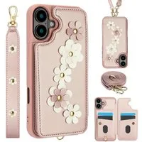 Wigento Handyhülle Für Apple iPhone 17 Hülle Crossbody Kunstleder Blumenmuster Rose Gold, Mit Kartenfächern, Gurt, Kickstand-Funktion