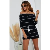 FS Collection Kurzoverall Damen Jumpsuit Kurzoverall Playsuit Kurzjumpsuit Off Shoulder (S,M,L und XL) Off-Shoulder-Design, Taillenband, gestreiftes Muster