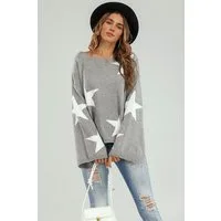 FS Collection Strickpullover Oversize Pullover mit weiten Ärmeln und Stern – Strickwaren (Einheitsgröße: UK 8–12 / EU 36–40, 5 Farben : Grau, Schwarz, Creme, Rot, Dunkelgrün) 100 % Acryl