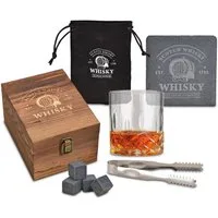 Woma Eiswürfel-Steine Basalt Whisky Steine Geschenk Set in edler Holzbox - 8-teilig, Wiederverwendbare Kühlwürfel mit Glas, Untersetzer und Zange
