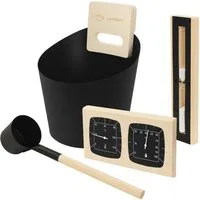 LuxeBath Sauna-Aufgussset 4-teilig Saunazubehör-Set aus Aluminium & Naturholz, Sauna Set Zubehör Inkl. 6L Aufgusskübel, Kelle, Thermometer-Hygrometer, 15min. Sanduhr