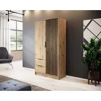 MOEBLO Kleiderschrank JOHN (Latten aus Holz, Loft Stil IndustrieSchrank Aufbewahrungsschrank (Spannstange) mit Regalböden Spannstange & 2 Schubladen, Industrieschrank für Schlafzimmer, Schlafzimmerschrank mit 2/3/4 drehbaren Türen, 2 Schubladen)