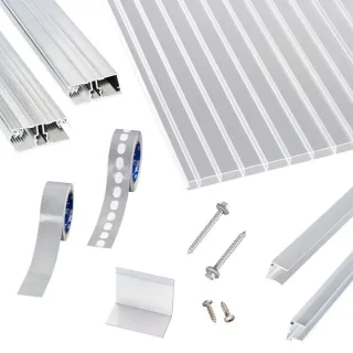 Polycarbonat Doppelstegpatten | Terrassendach-Set | einfachem Alu Verlegeprofil | 16 mm | glasklar