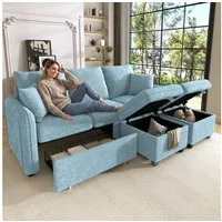 Merax Ecksofa U-förmiges Schlafsofa mit Staufunktion, Tagesbett Sofa Wohnzimmersofa aus Chenille-Bezug 1 Teile, 3-Sitzer-Ecksofa mit 2 Schubladen & 2 Hocker mit Stauraum, Polstersofa