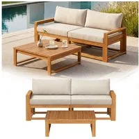 STEELSØN Gartenlounge-Set Mizaru modulares Sofa-Set aus hochwertigem Akazienholz, (Sofabank, mit Tisch), Outdoor Sitzgruppe inkl. Auflagen, vielfältige Stellmöglichkeiten