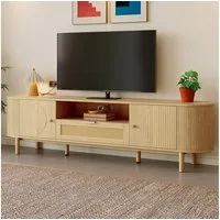 Odikalo Lowboard TV-Schrank TV-Bank mit Rattan - Schubladen (Moderner TV-Schrank, Lowboard mit Rattan-Schubladen mit offenen Fächern, abgerundeter Tischplatte, Metallbeinen in Holzoptik, multifunktionales Wohnzimmermöbel)