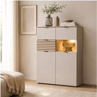 Lomadox Highboard ISCHIA-36, inkl. LED Beleuchtung, Beige mit Eiche, 84 cm breit, Softclose