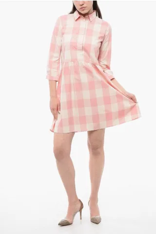 Kariertes Langarmkleid in Bianco, Rosa