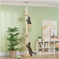 PawHut Kratzbaum Katzenbaum mit Hängematte, Sisalstämme, Plattformen, mit Kippschutz, Plüsch, Eiche+Cremeweiß