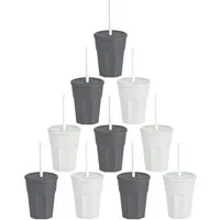 Engelland Becher Wiederverwendbare Plastikbecher mit Deckel und Strohhalm, 0,25 Liter, 10-tlg., Kunststoff, BPA-frei, spülmaschinengeeignet, lebensmittelecht, Temperaturbeständig