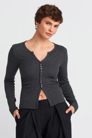 Slim Fit Rippstruktur Bluse mit Knopfleiste
