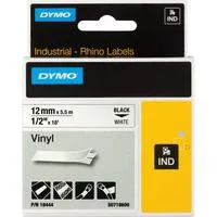 Rhino IND ORIGINAL Schriftband Vinyl 12mm x 5,5m, schwarz auf weiß permanent klebend, 18444