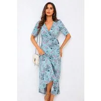 FS Collection Wickelkleid Damen Wickelkleid Sommerkleid Midikleid Blumenkleid Kurzarm (XS (EU:36 / UK:8) · S (EU:38 / UK:10) · M (EU:40 / UK:12) · L (EU:42 / UK:14) · XL (EU:44 / UK:16) Wickeloberteil, florales Muster, Jerseyqualität, taillenbetonend