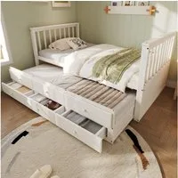Flieks Massivholzbett, Einzelbett Kinderbett 90x200cm mit Schubladen und Ausziehbett 90x190cm
