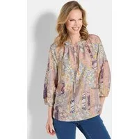 GOLDNER Schlupfbluse Luftige Patch-Druck-Bluse mit 3/4-Arm Viskosebluse mit Rundhalsausschnitt, Schlitz und Bindeband
