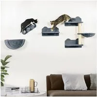 PawHut Katzen-Kletterwand 4 tlg. mit Kaztentreppe, Hängematte, Sprungplatt, Wandkratzbaum, für Katzen bis 5 kg, Polyester, grau