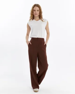 Damen Doppelt Krepp Grasnaht Detailed Tasche Palazzo-Hose Braun